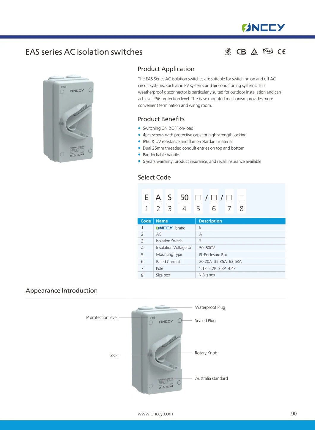 SAA CE EAS50 Waterproof AC Isolator Switch 1p/2p/3p/4p 20A/35A/63A IP66