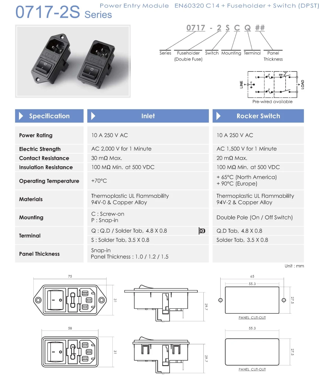 AC Power Socket with Double Safety Fuse Switch 0717-2s-Cq for Medical Equipment